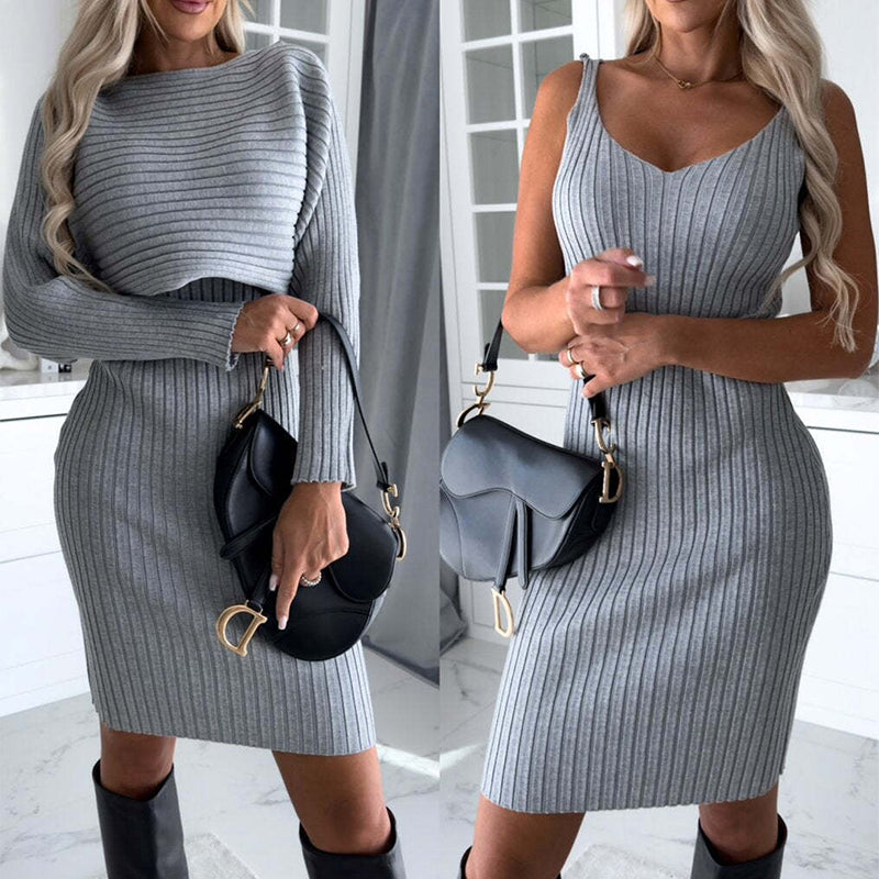 2pcs Suit Women's Solid Stripe Long-sleeved Top And Tight Suspender Skirt Fashion Autumn Winter Slim Clothing Urban Haloo
