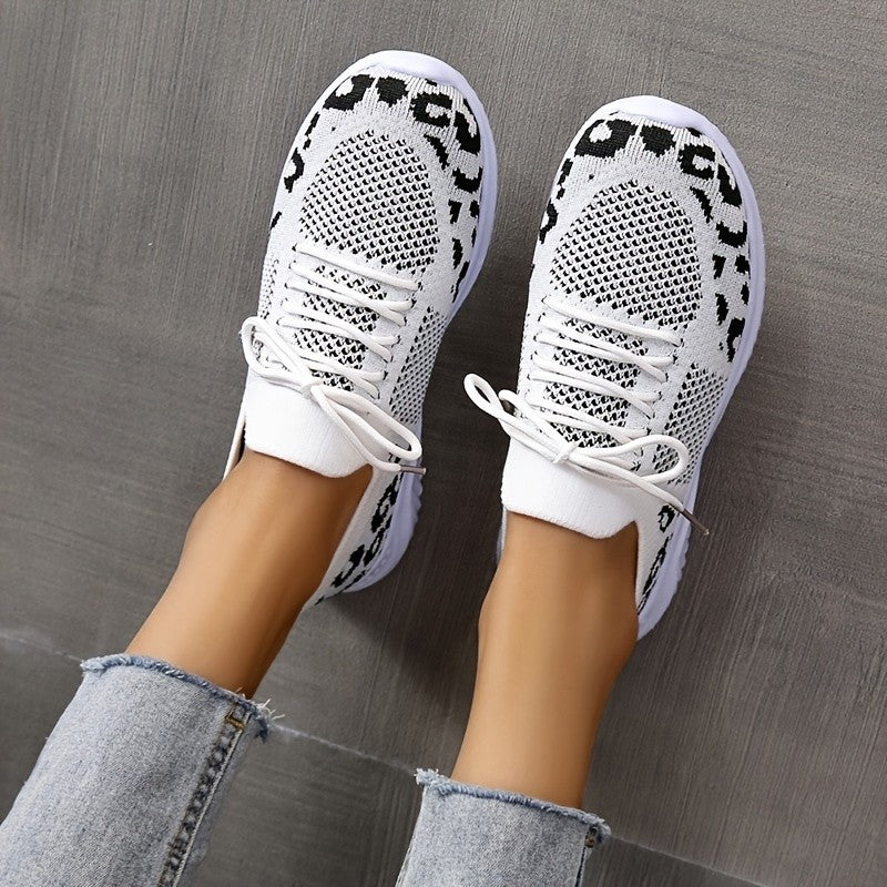 White Shoes Women Leopard Print Lace-up Sneakers Sports Urban Haloo