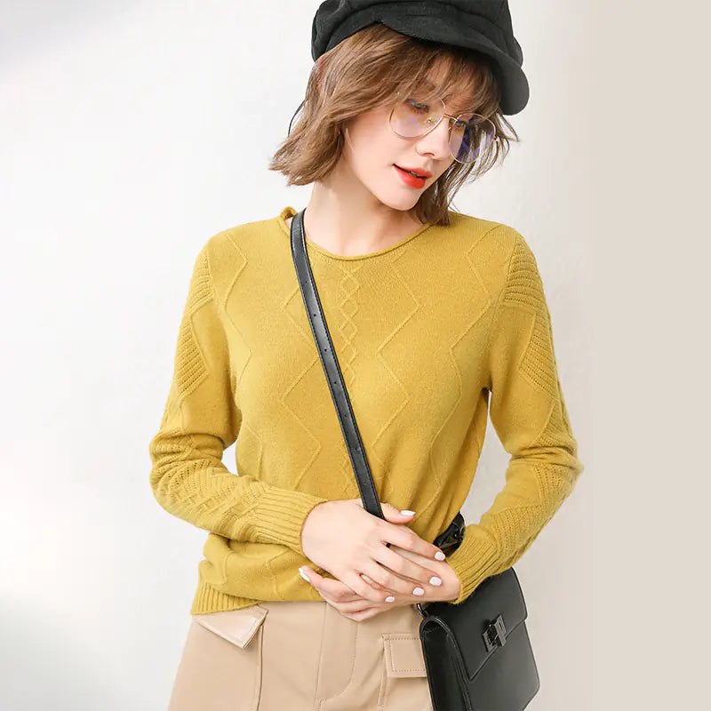 Diamond Knit Sweater with Round Neck and Loose Fit - urban Haloo