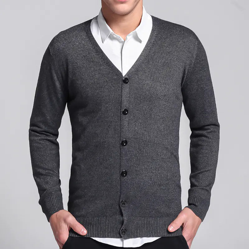 Men V Neck Solid Color Knit Cardigan Sweater - urban Haloo