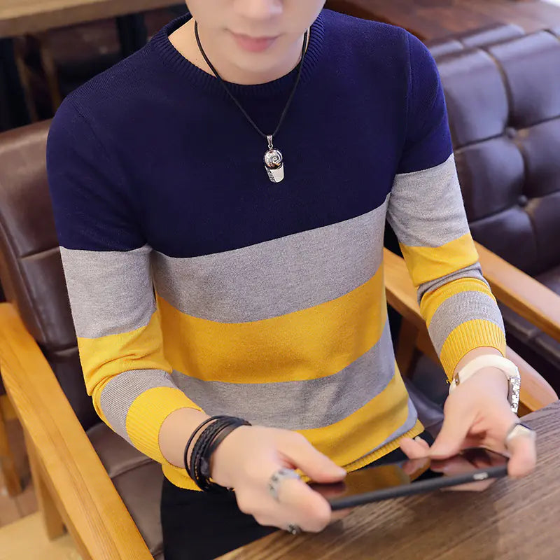 Men Slim Fit Round Neck Knit Pullover Sweater - urban Haloo