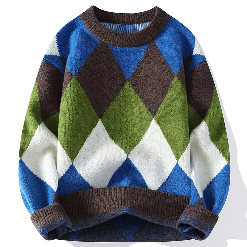 Loose Fit Student Sweater with Diamond Pattern Design - urban Haloo